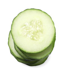 Stack of fresh cut cucumber isolated on white, top view