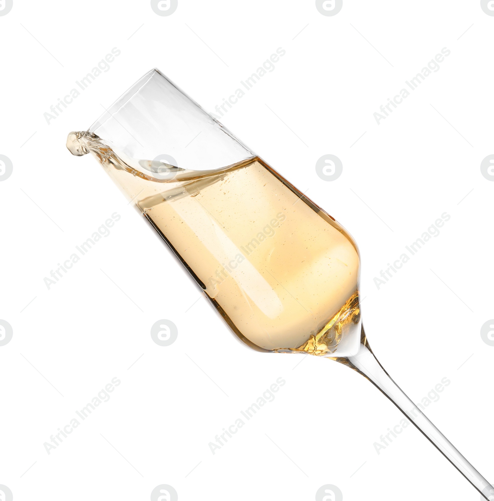 Photo of Glass of champagne on white background. Festive drink