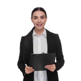 Portrait of smiling woman with clipboard on white background. Lawyer, businesswoman, accountant or manager