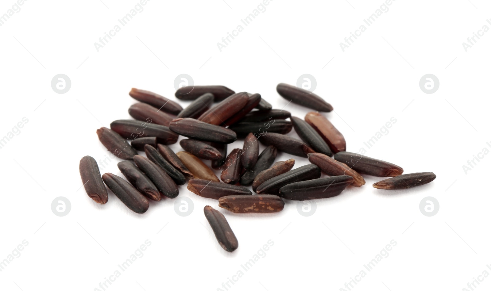 Photo of Uncooked black rice on white background. Healthy diet