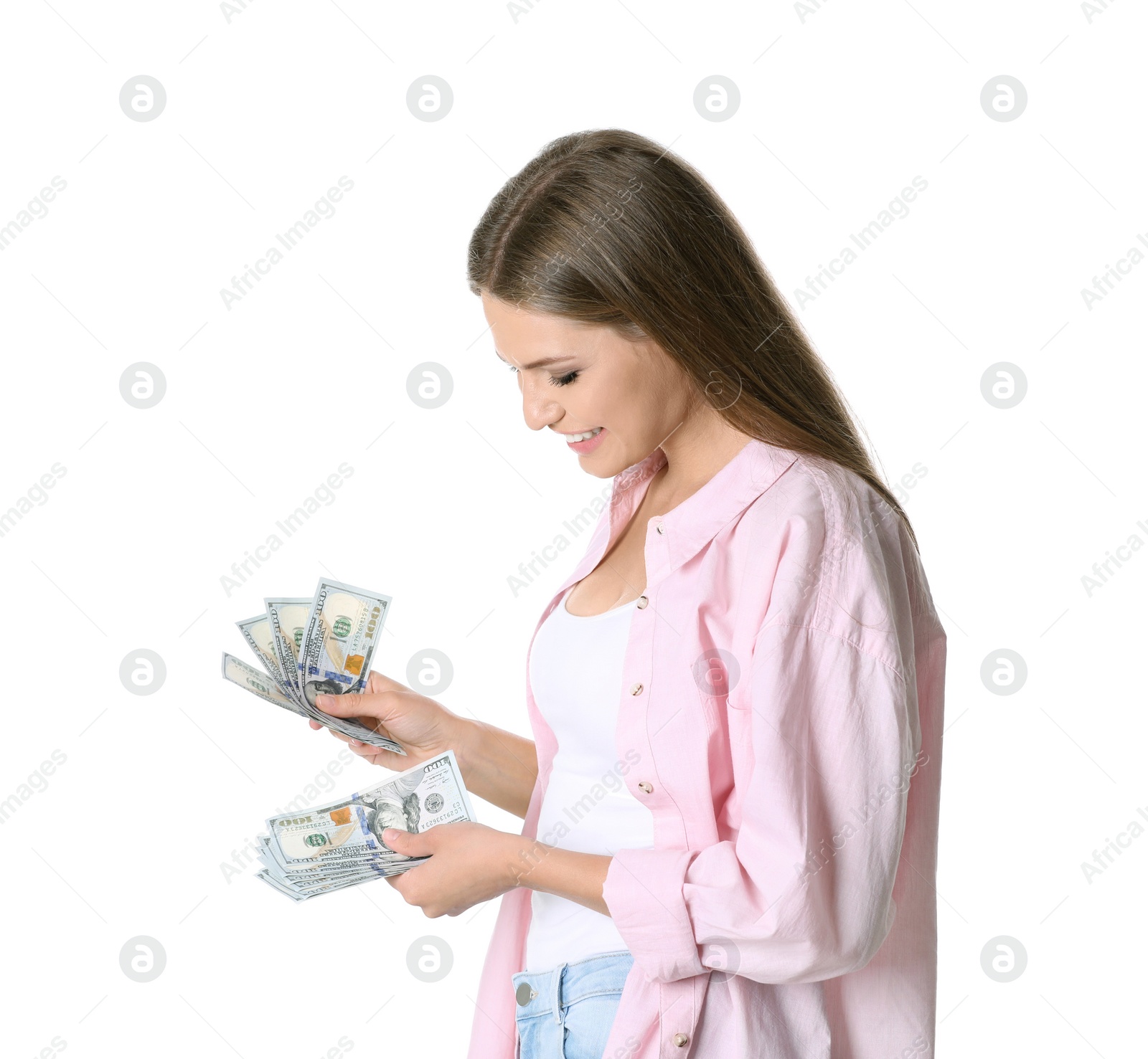 Photo of Young woman with money on white background