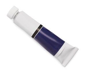 Photo of Tube with dark blue oil paint on white background, top view
