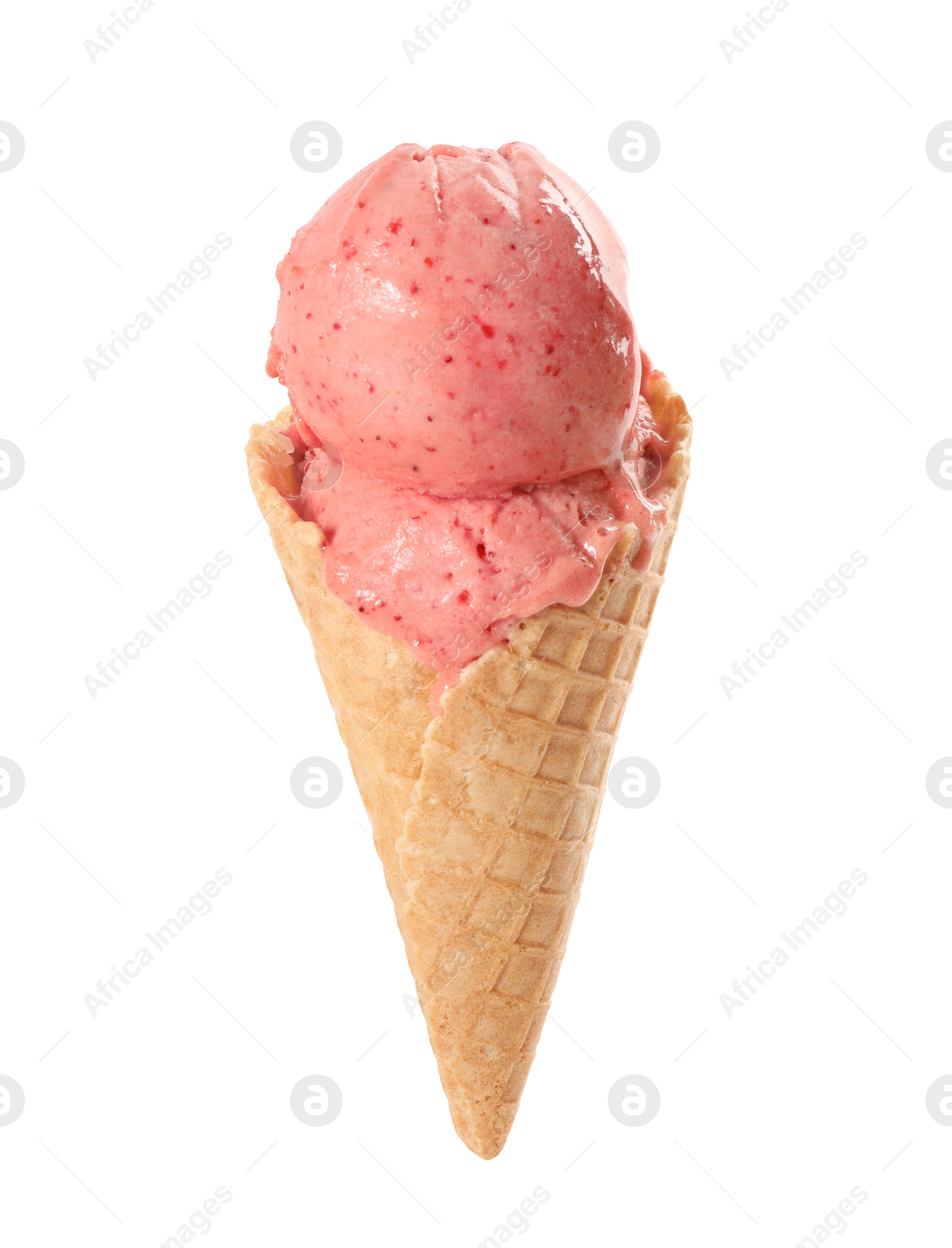 Photo of Delicious pink ice cream in waffle cone isolated on white