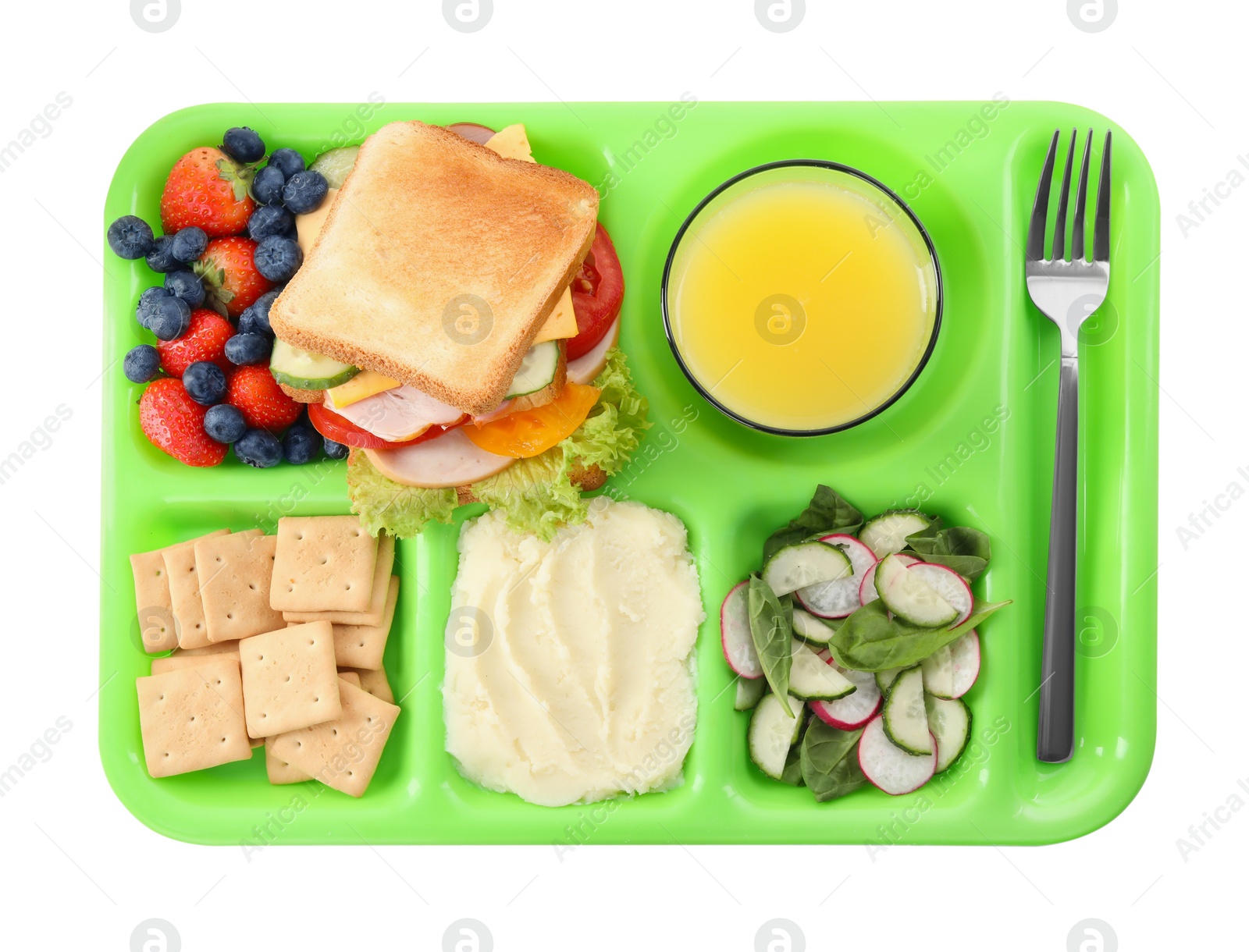 Photo of Serving tray with tasty healthy food and juice isolated on white, top view. School dinner