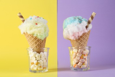 Photo of Sweet cotton candies in waffle cones and marshmallows on color background, closeup