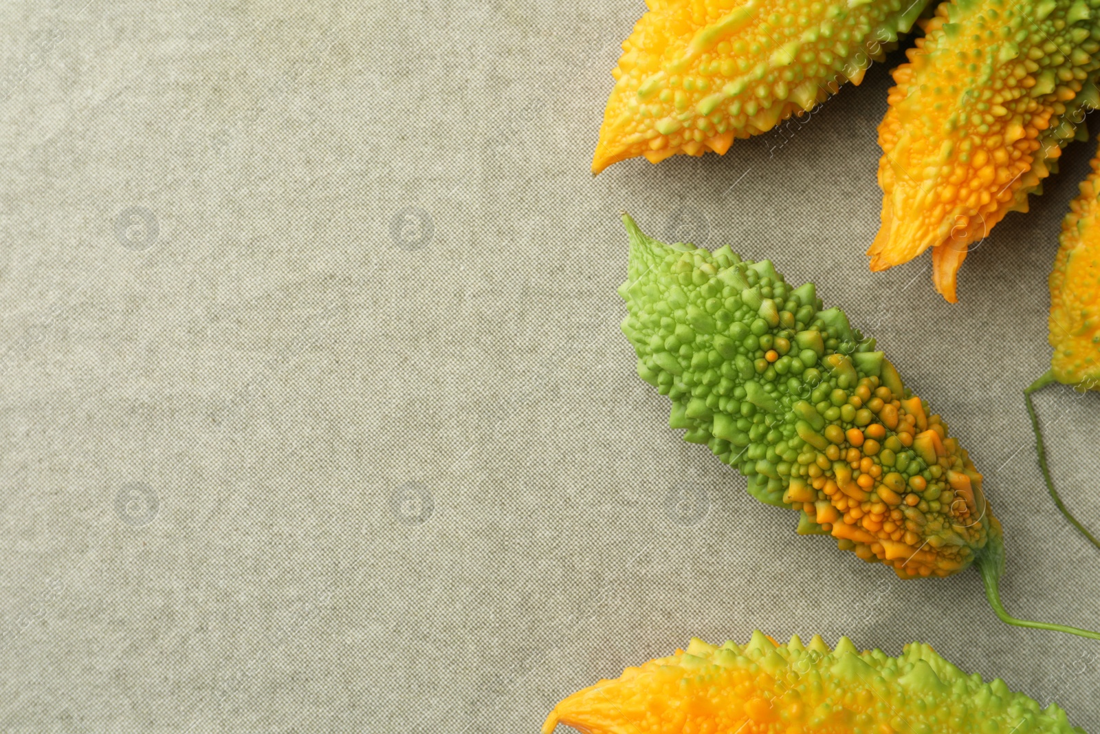 Photo of Many fresh bitter melons on grey cloth, flat lay. Space for text