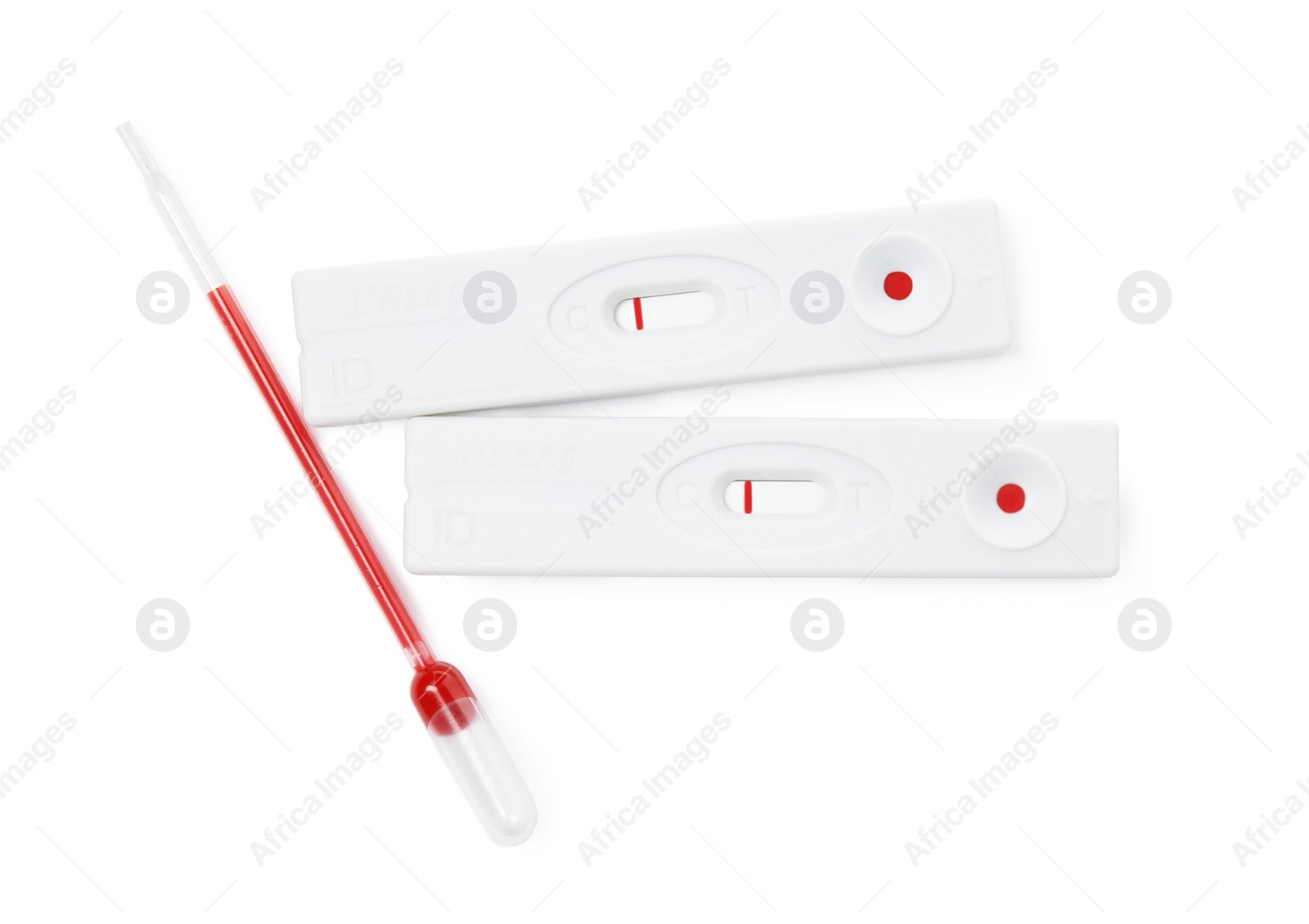 Photo of Disposable express hepatitis test kit on white background, top view