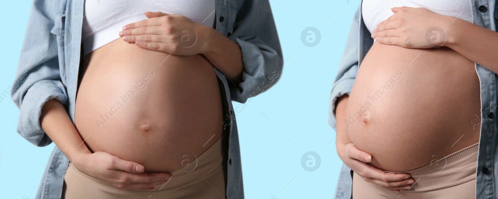 Image of Collage with photos of pregnant woman touching her belly on turquoise background, closeup. Banner design