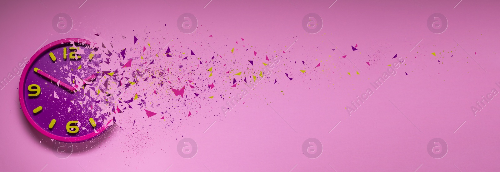Image of Flow of time. Analog clock dissolving on pink background, space for text. Banner design