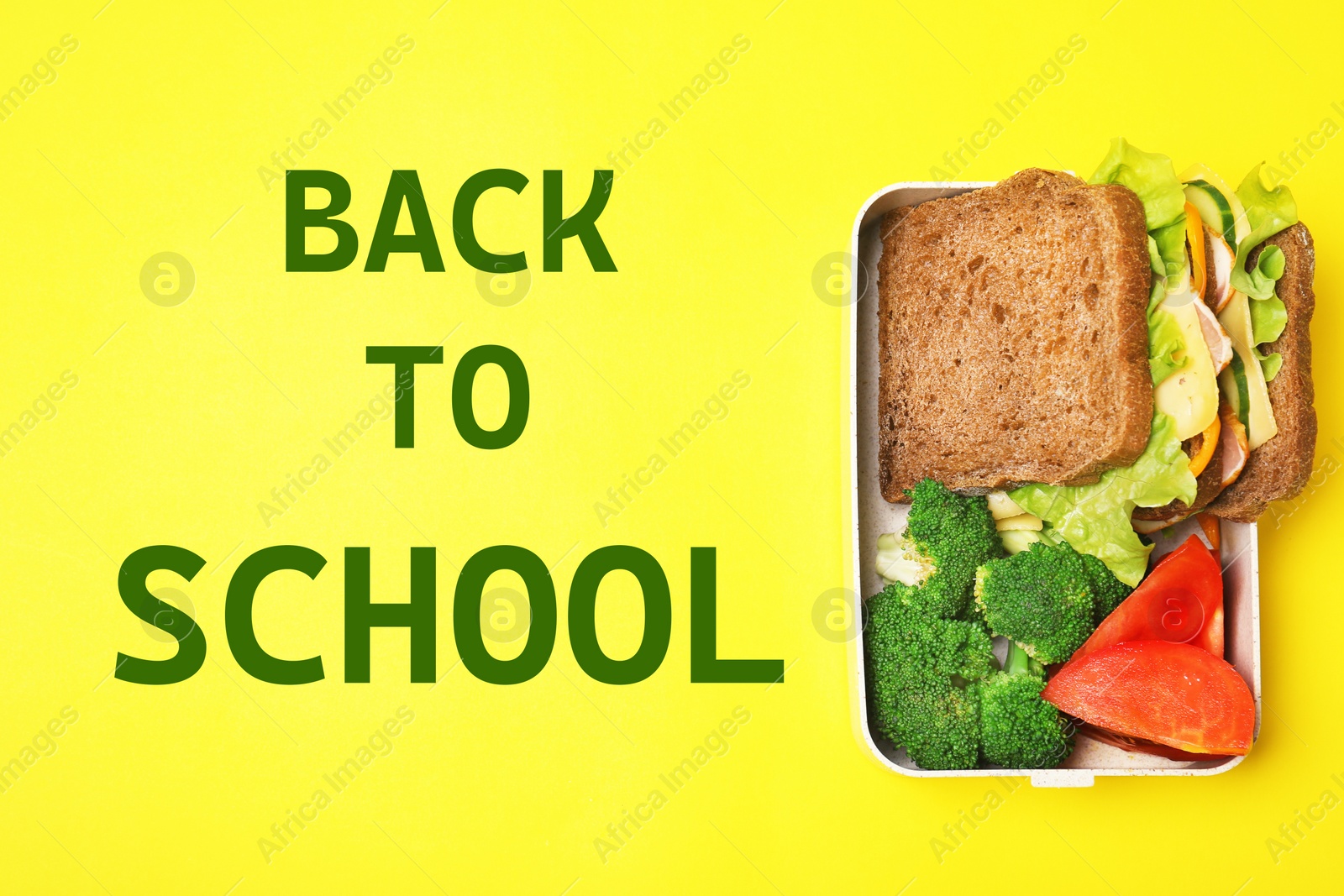 Image of School lunch box of healthy food on color background, top view