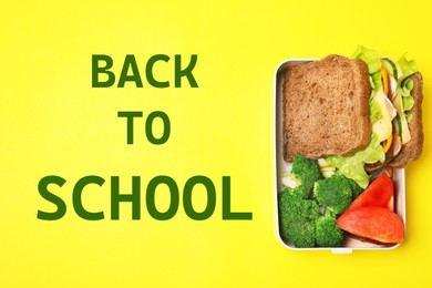 Image of School lunch box of healthy food on color background, top view