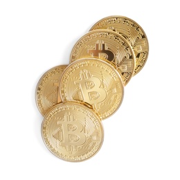 Pile of bitcoins isolated on white, top view. Digital currency