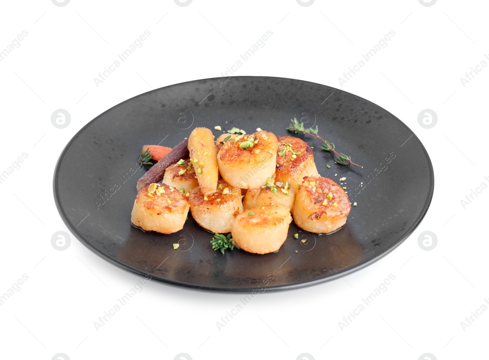 Photo of Delicious fried scallops with carrot and spices isolated on white