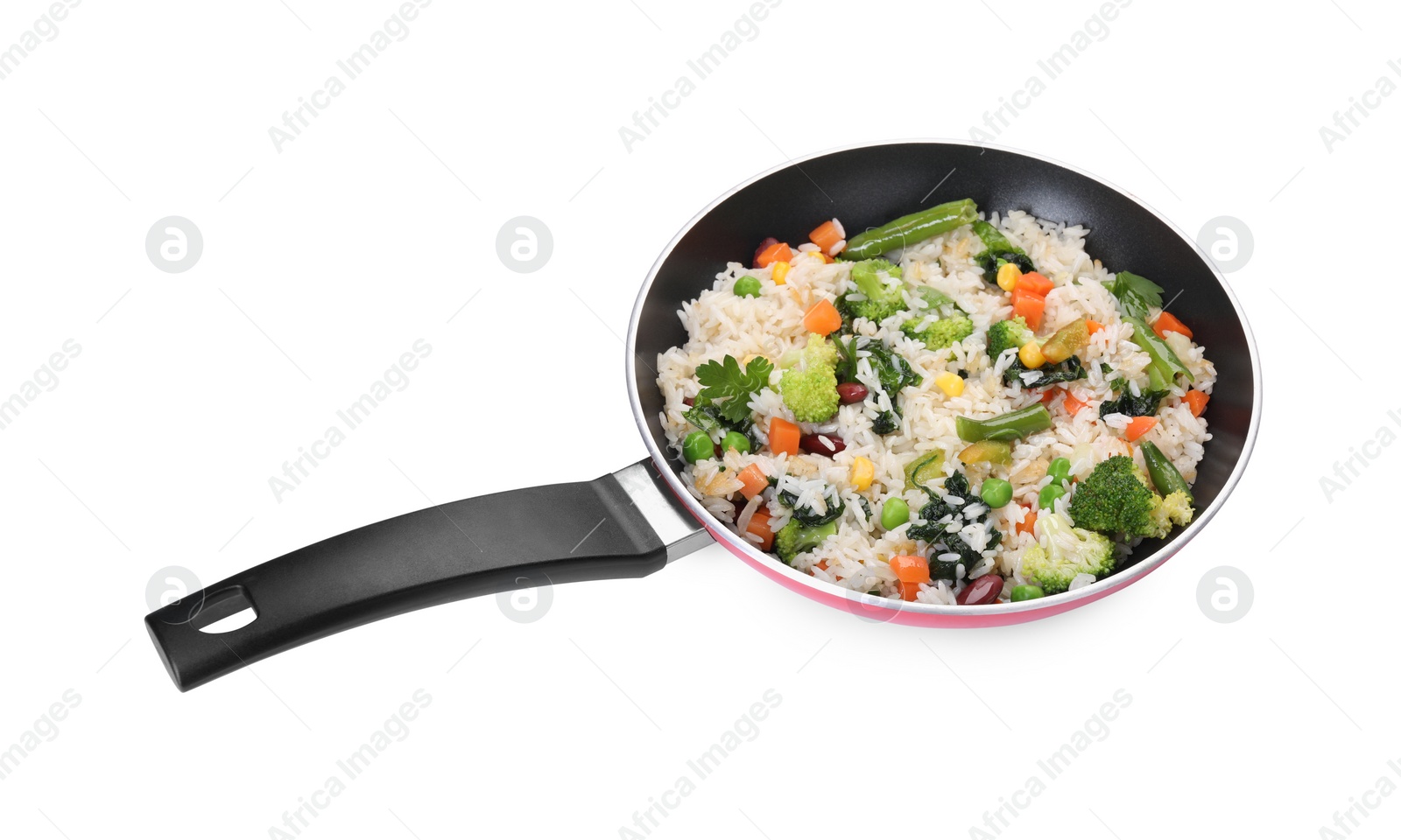 Photo of Tasty rice with vegetables in frying pan isolated on white