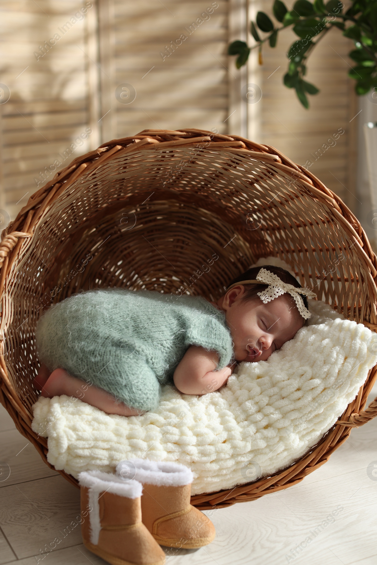 Photo of Adorable newborn baby sleeping in wicker basket at home