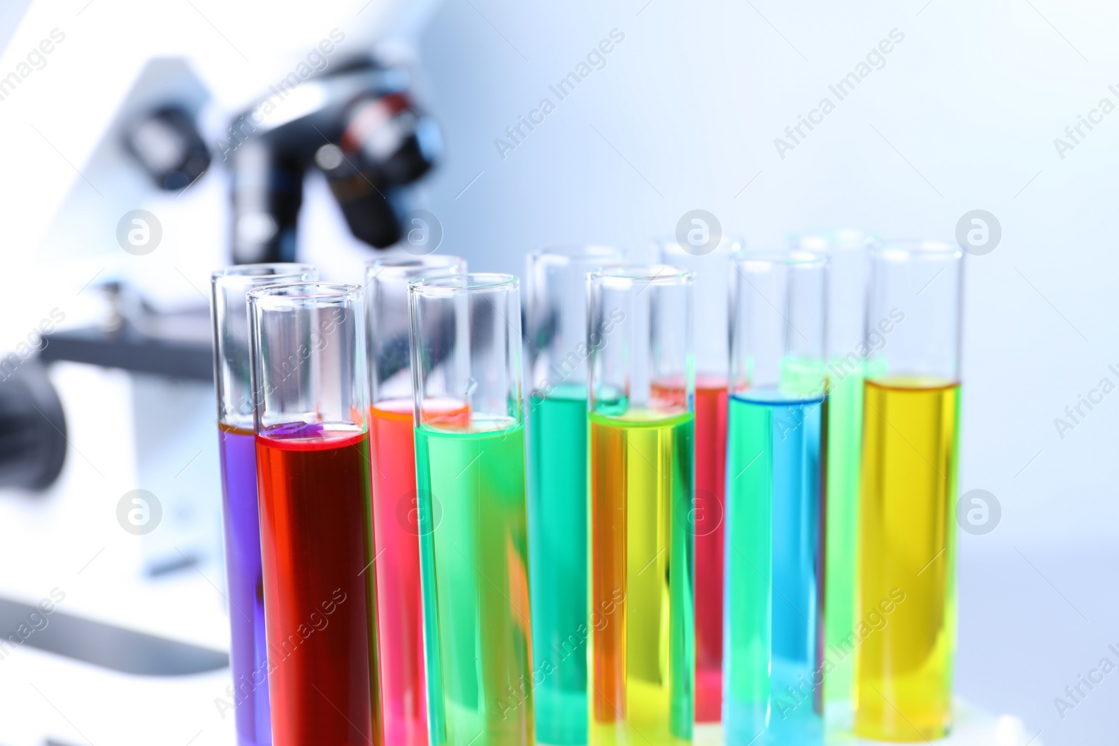 Photo of Many test tubes with samples in chemistry laboratory, closeup