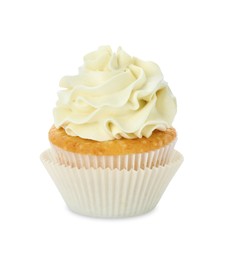 Photo of Tasty vanilla cupcake with cream isolated on white