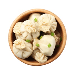 Photo of Bowl with tasty dumplings isolated on white, top view