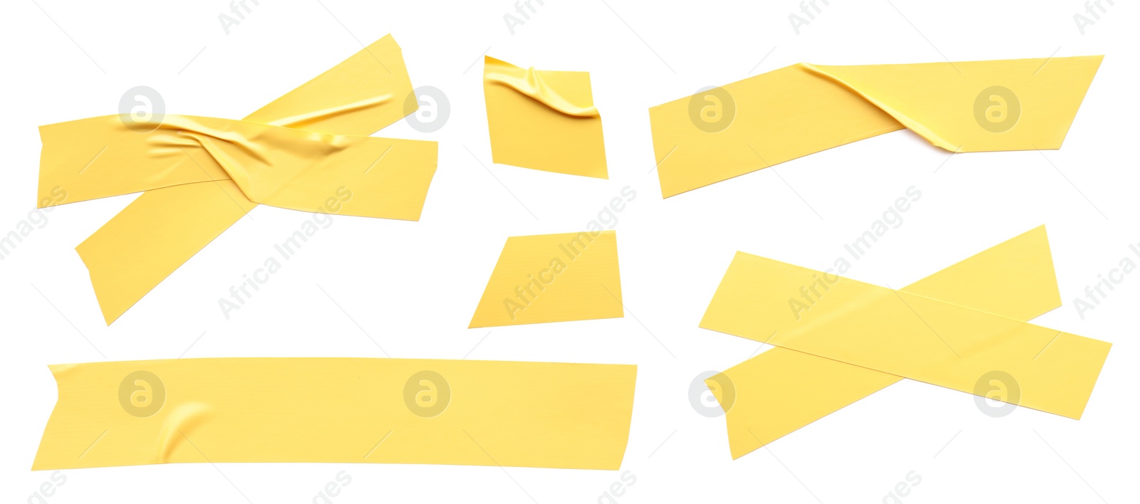 Image of Collage with pieces of yellow insulating tape on white background, top view