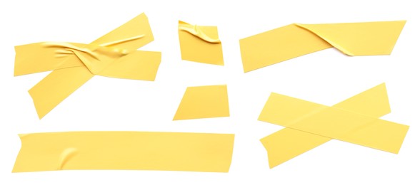 Image of Collage with pieces of yellow insulating tape on white background, top view