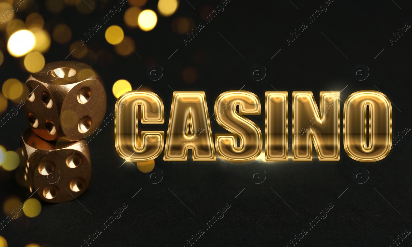 Illustration of Word Casino and dice on dark background with blurred lights. Banner design