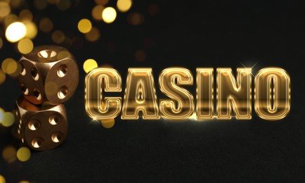 Illustration of Word Casino and dice on dark background with blurred lights. Banner design