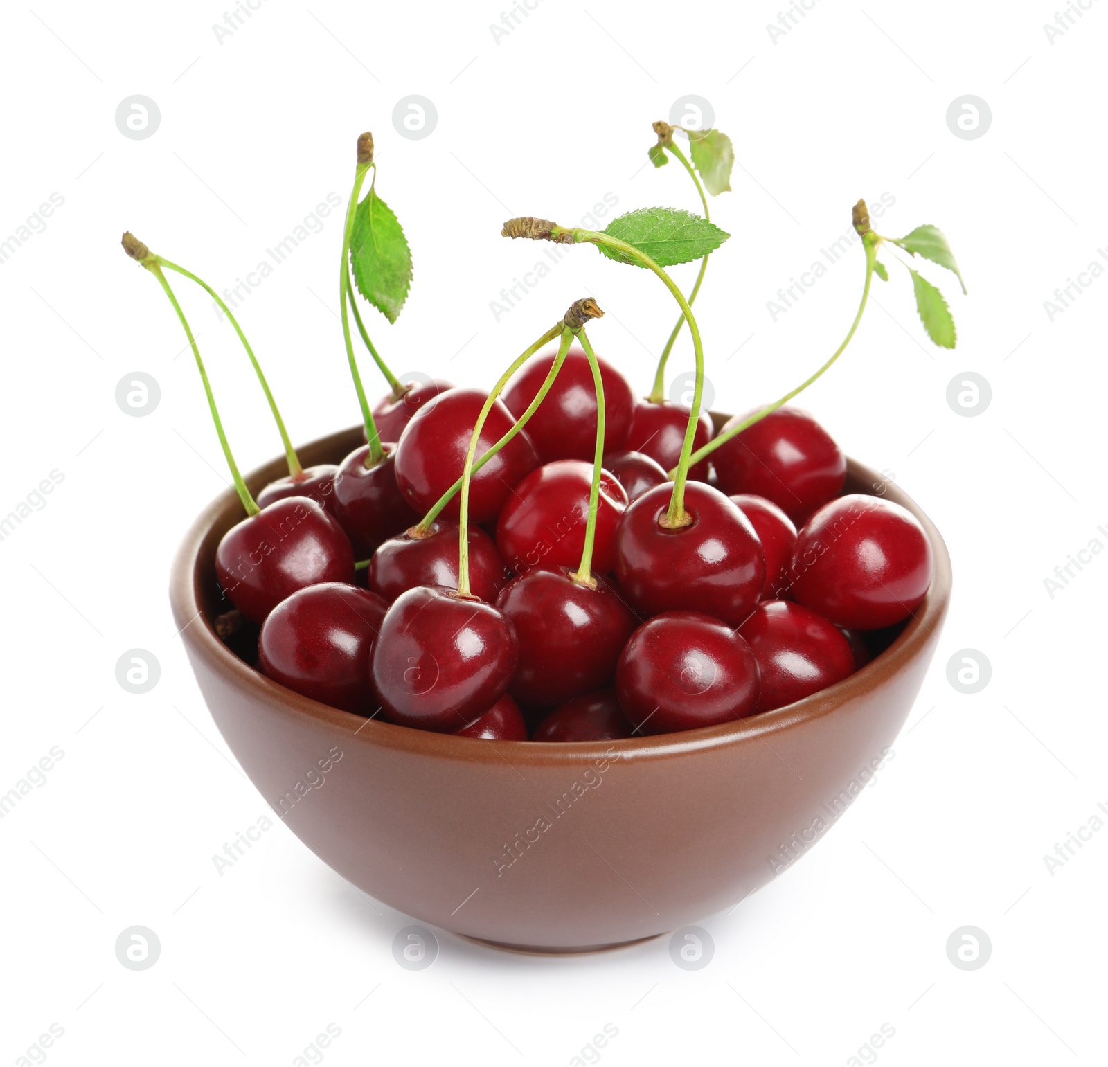 Photo of Ceramic bowl of delicious ripe sweet cherries on white background