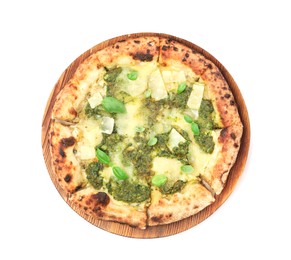 Photo of Delicious pizza with pesto, cheese and basil on white background, top view