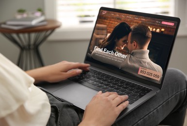 Looking for partner. Woman using laptop at home, closeup. Dating site webpage on device screen