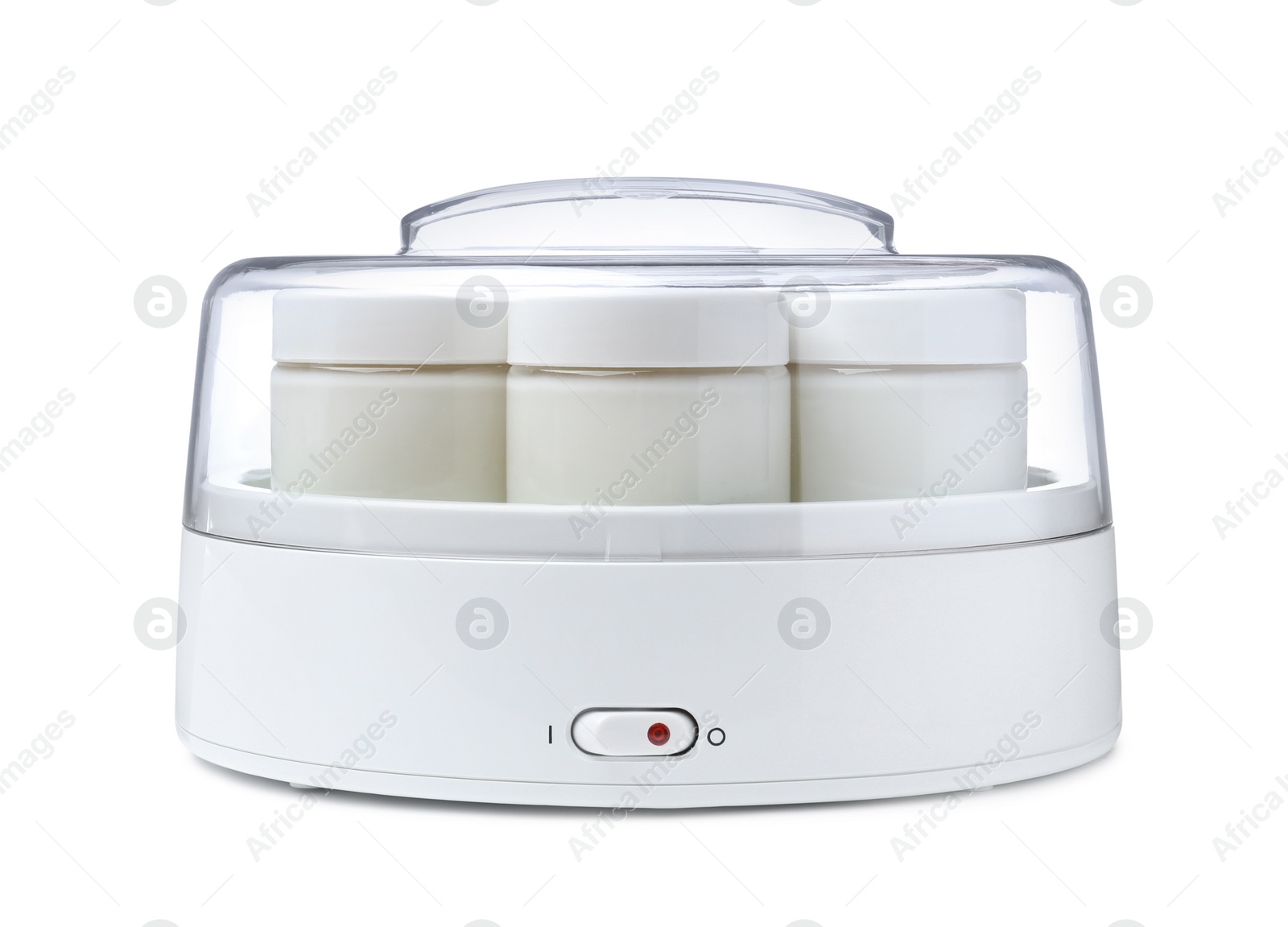 Photo of Modern yogurt maker with full jars on white background