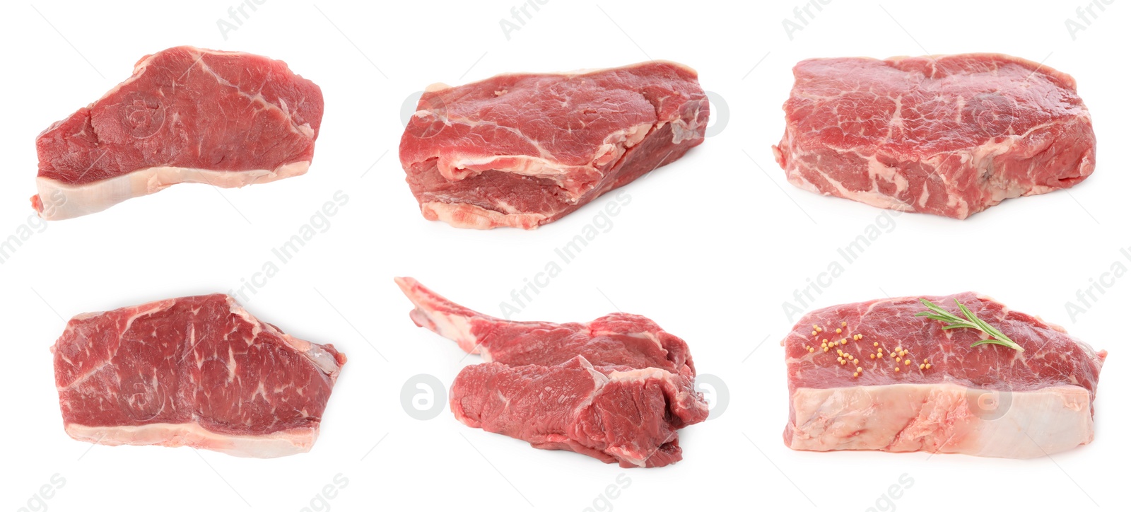 Image of Raw beef steaks isolated on white, set