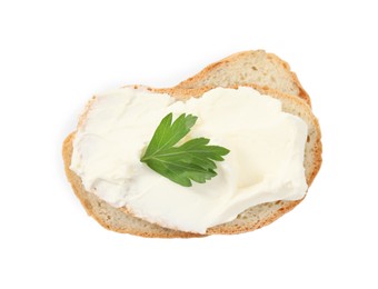 Photo of Bread with cream cheese and parsley on white background, top view