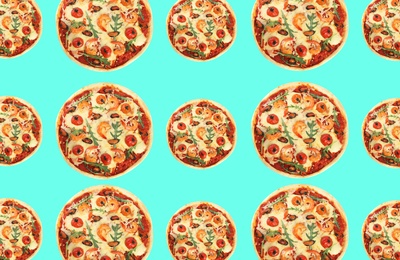 Image of Seafood pizza pattern design on light blue background