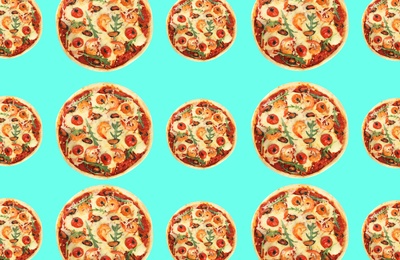 Seafood pizza pattern design on light blue background