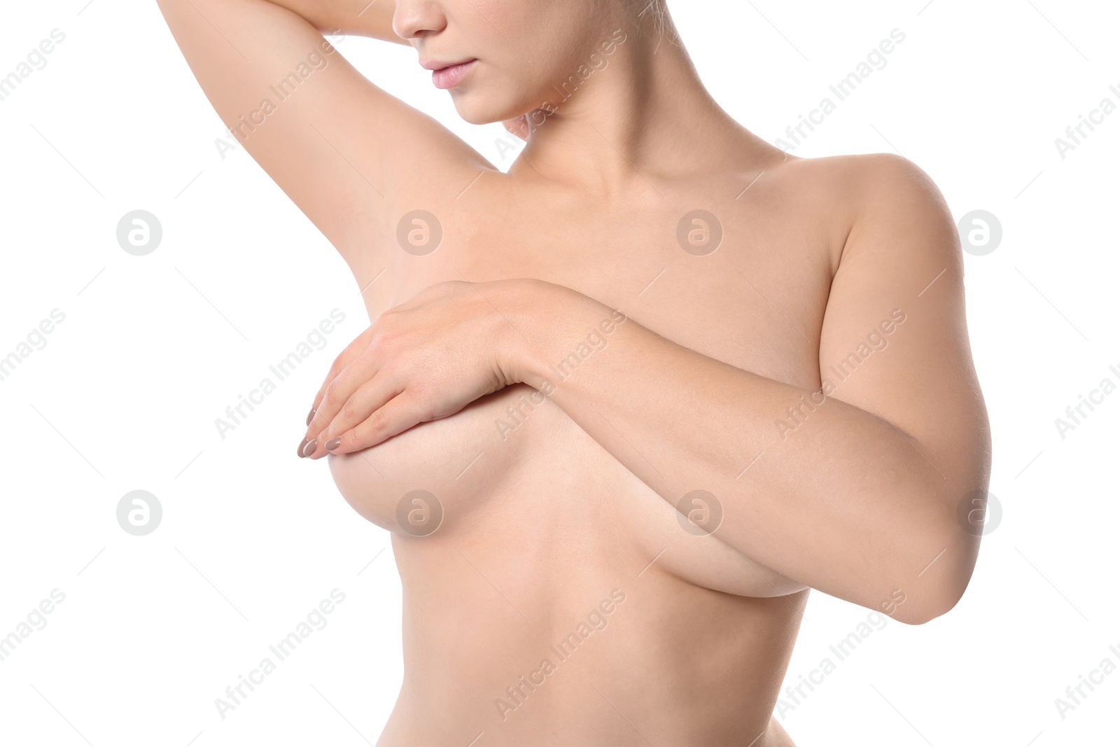 Photo of Woman covering her breast on white background, closeup. Self examination