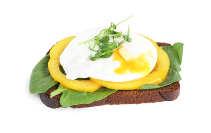 Delicious poached egg sandwich isolated on white