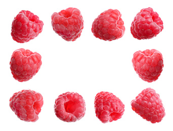 Frame of fresh ripe raspberries on white background