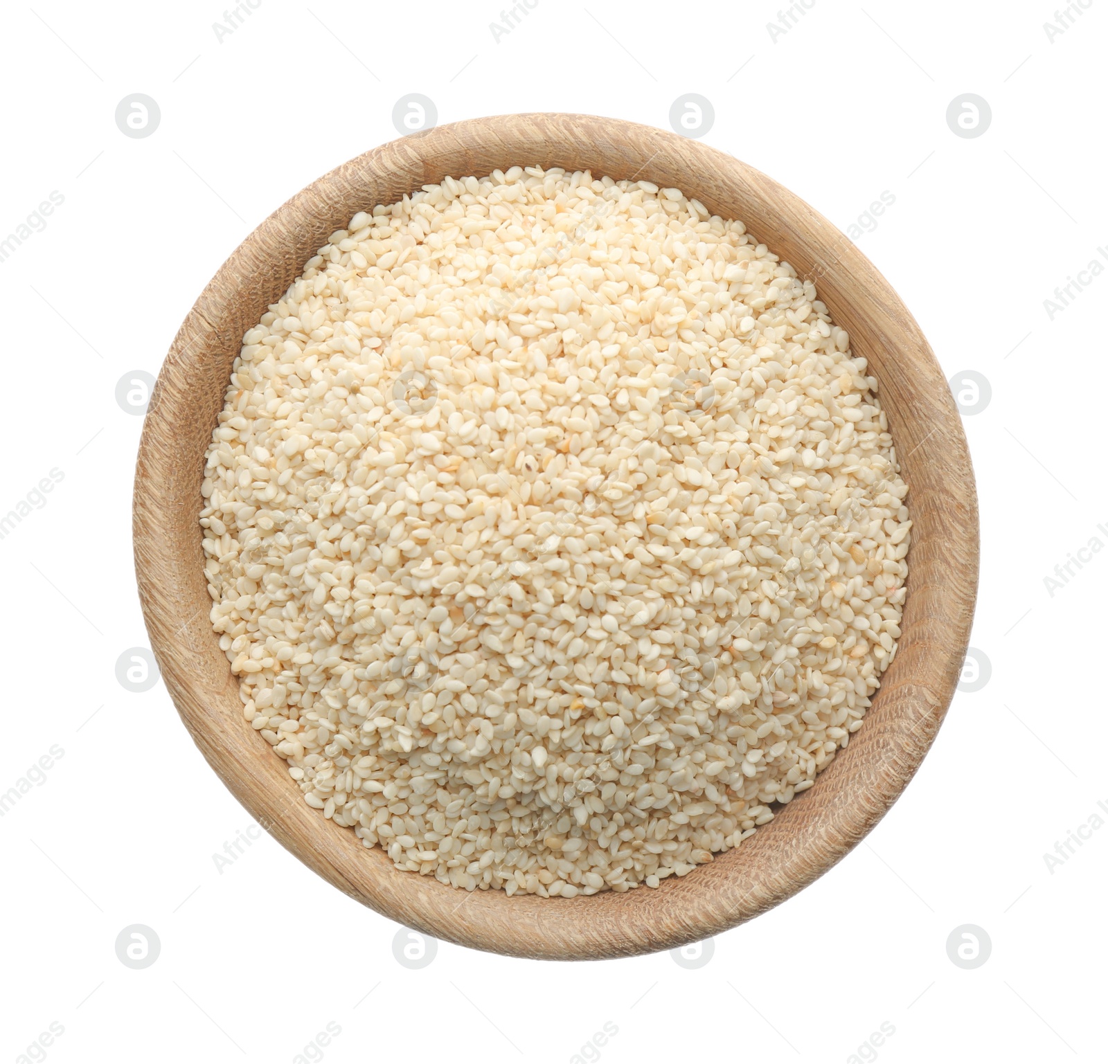 Photo of Sesame seeds in bowl on white background, top view