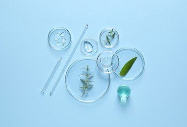 Laboratory glassware and natural ingredients for organic cosmetic product on light blue background, flat lay