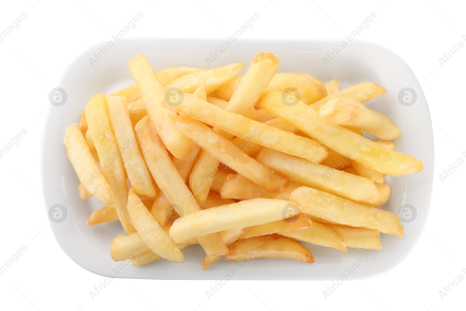 Photo of Plate with delicious french fries on white background, top view