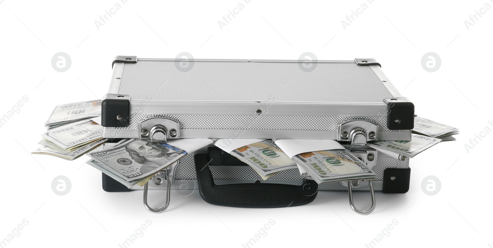 Photo of Hard case full of money on white background