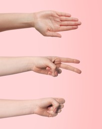 Image of People playing rock, paper and scissors on pink background, closeup