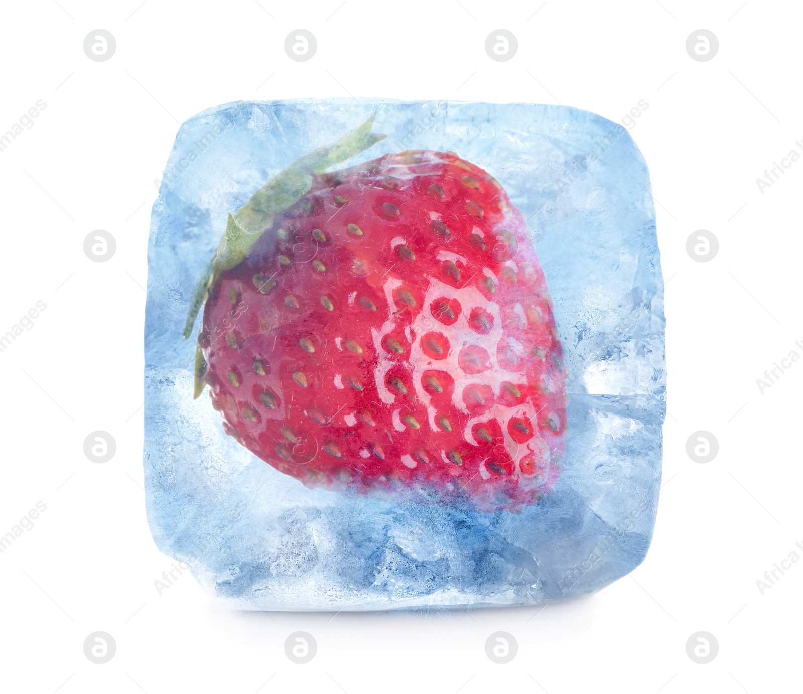 Image of Frozen food. Raw strawberry in ice cube isolated on white