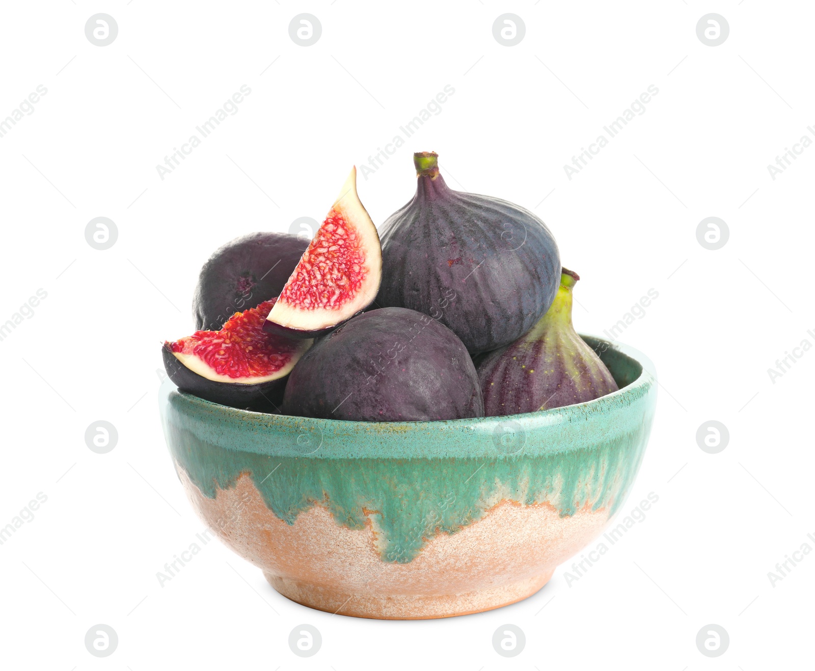 Photo of Bowl with whole and cut purple figs on white background