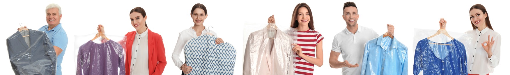 Collage with photos of people holding clothes on white background, banner design. Dry-cleaning service