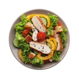 Delicious salad with chicken, vegetables and chia seeds on white background, top view