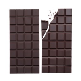 Delicious dark chocolate bars on white background, top view