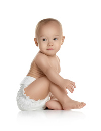 Photo of Cute little baby in diaper on white background