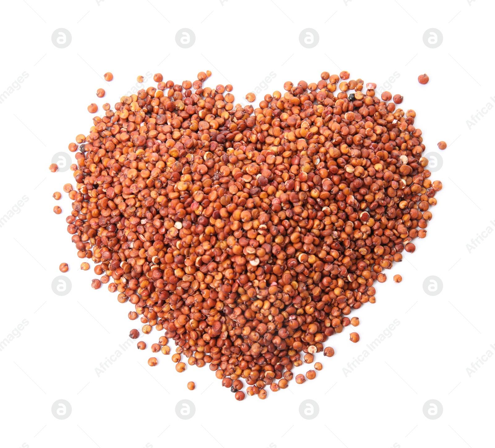 Photo of Heart shaped pile of red quinoa on white background, top view