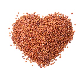 Heart shaped pile of red quinoa on white background, top view